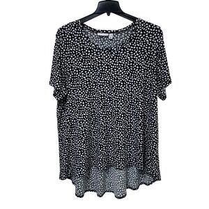 Susan Graver Hi-Low Hem Tunic Top Womens 2X Black White Short Sleeve Pullover